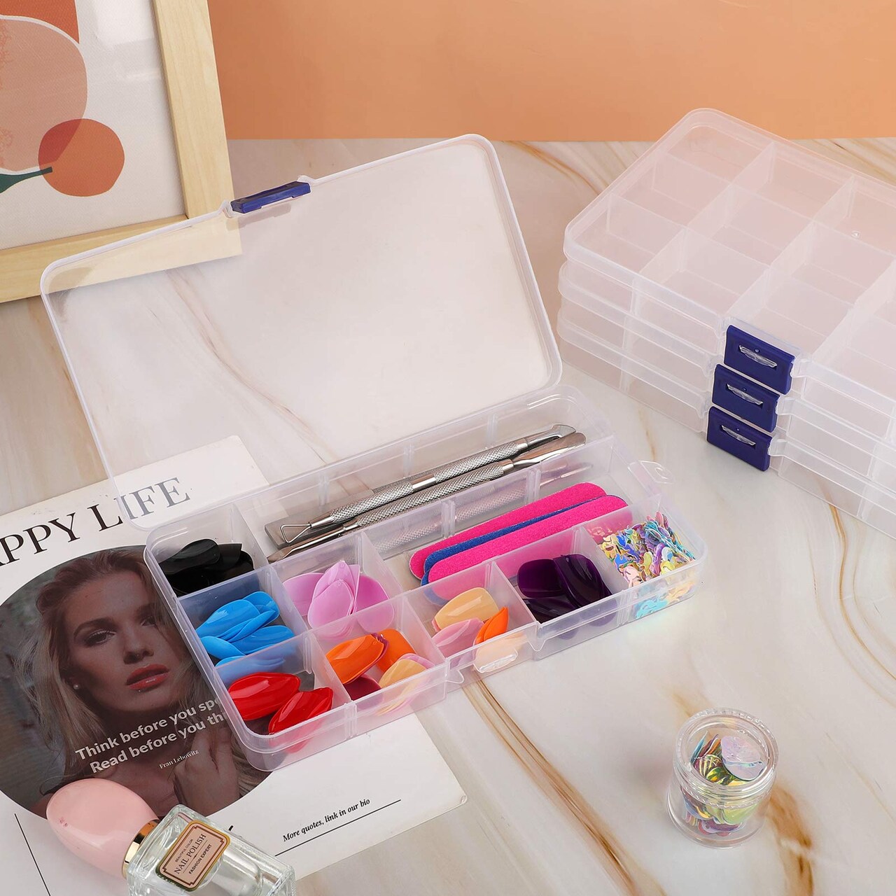 3 Pieces Fake Nail Storage Box, 15-Grid Rhinestone Organizer Case with Divider, Clear Plastic Empty Container for Art Craft Sewing Screw Rock Collection Fishing Tackle, Bead Jewelry Display Holder